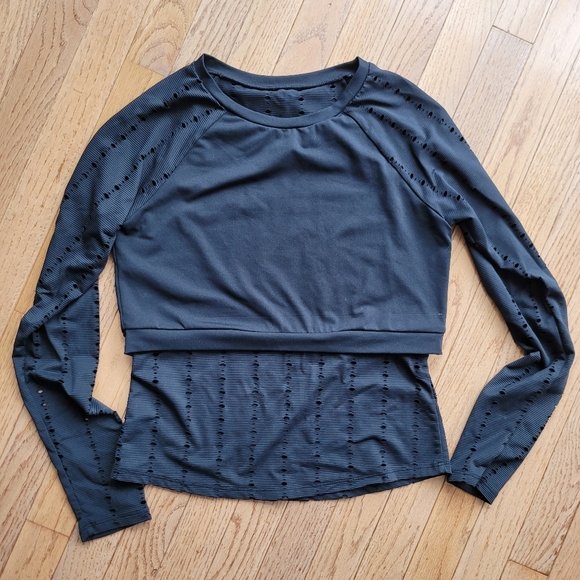 Fabletics Shelby Black Crop Top Eyelet Mesh Layer Long Sleeve Shirt - Picture 2 of 9